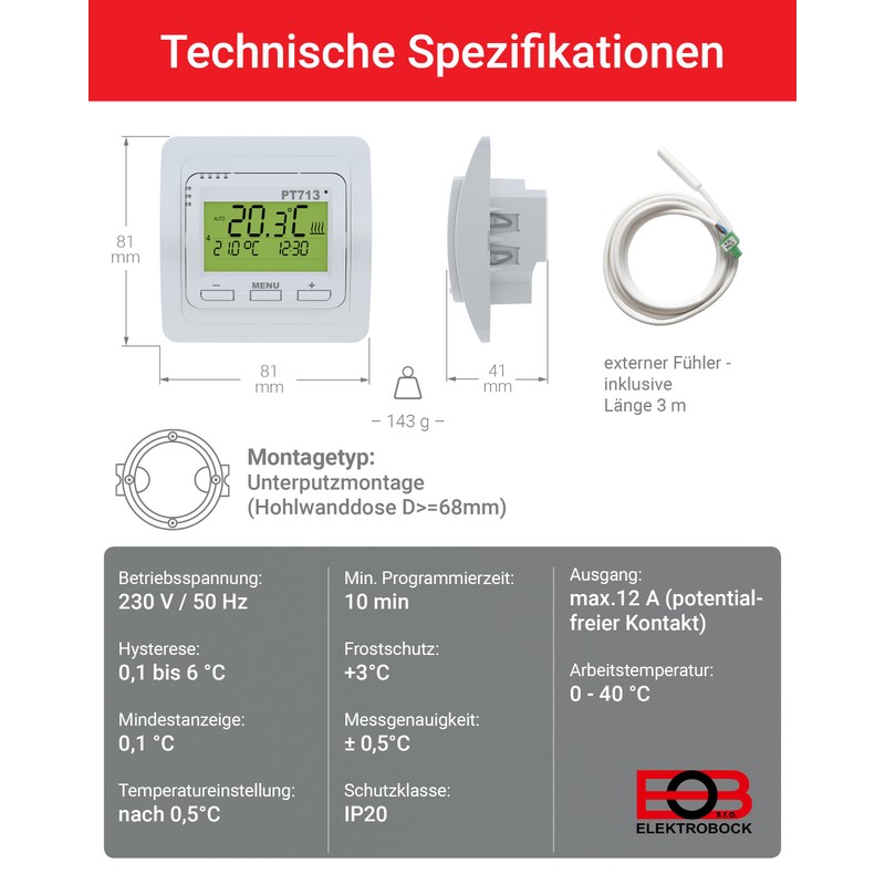 ELEKTROBOCK PT713-EI Digital Wall Thermostat - Programmable - LCD Display