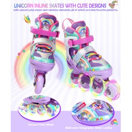 Unicorn Rainbow Inline Skates for Girls Teens Womans,4-Pejiijar Roller Skates for Girls Ages 6-8-12 w/Luminous Wheels,Kids Adjustable Roller Shoes for Birthday Xmas Gifts