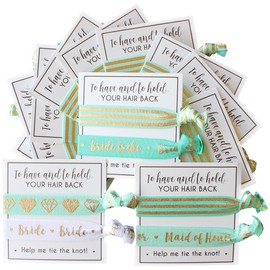 Tarjetas de corbata para el pelo de la tribu de novia. Para tener y sostener, tu cabello hacia atrás. Ayúdame a atar el nudo. Soltera, despedida de soltera, regalos de fiesta para damas de honor (paquete de 6, menta y dorado)
