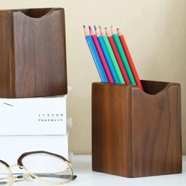 SHOPUKASA 2 Pack Wood Pen Pencil Holder Stand Multi Purpose Natural Wood Pencil Cup Pot Desk Organizer Storage Box (2 Pack Walnut Color)