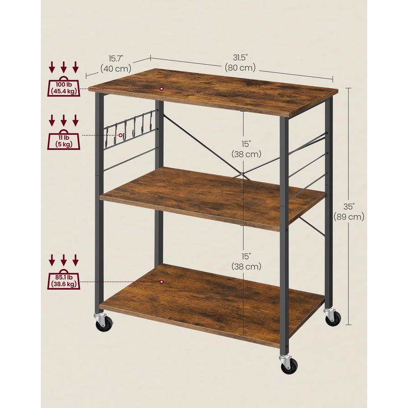 VASAGLE Kitchen Shelf on Wheels, Serving Cart with 3 Shelves,