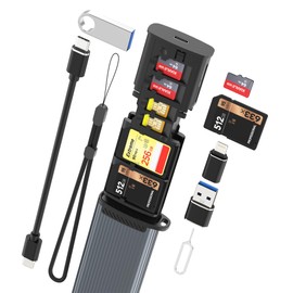 9-in-1 SD/TF Card Reader and Storage Case with USB-C Cable & Lighting/USB A Adapter - Portable Memory Card Holder for Cameras, Phones, Computers, and Drones, Includes LED Light