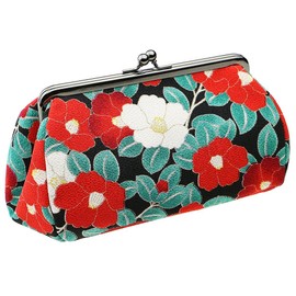 watona Crepe Coin Purse Makeup Pouch, Width 7.1 - 8.5 inches (18 - 21.5 cm), Large 5.5 inches (09 Black Camellia)