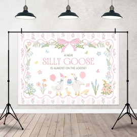 Joliaco Silly Goose Baby Shower Backdrop Coquette Pink Bow Goose Baby Shower Banner for Girl Cute Geese Farm Animals Party Decorations Supplies (7x5ft)
