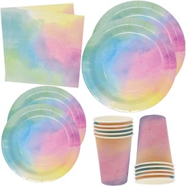 Rainbow Pastel Water Color Party Supplies Tableware Set 24 9" Plates 24 7" Plate 24 9 Oz. Cups 50 Lunch Napkins for Colorful Ombre Birthday Parties Baby Shower Wedding Disposable Paper Goods Decor