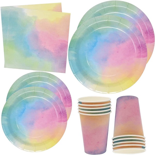 Rainbow Pastel Water Color Party Supplies Tableware Set 24 9" Plates 24 7" Plate 24 9 Oz. Cups 50 Lunch Napkins for Colorful Ombre Birthday Parties Baby Shower Wedding Disposable Paper Goods Decor