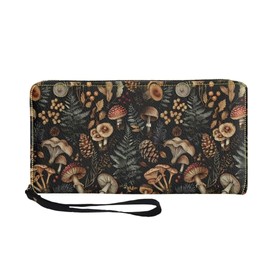 Coldinair Custom Print Womens PU Leather Zip Around Wallet RFID Blocking Coin Phone Clutch Purse with Wristlet for Travel, Retro Mushroom Floral, One Size, Casual