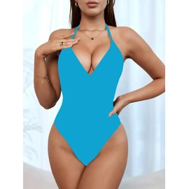 Sexybody - Traje de baño sexy de una pieza para mujer, con cuello en V, espalda baja, fruncida, corte alto, tanga, 146 Light Blue, Large