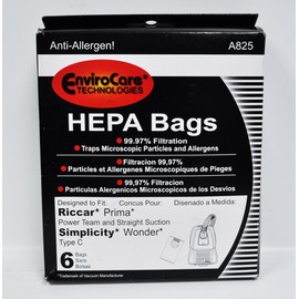 EnviroCare Replacement HEPA Filtration Vacuum Cleaner bags made to fit Riccar Prima and Simplicity Wonder Type C Canisters with Green Collar System 6 bags