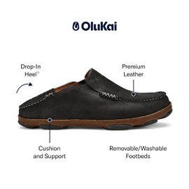 OLUKAI Moloa Men's Premium Leather Shoes, Easy Slip On & Off Design, Casual & Versatile Loafer, Drop-in Heel & Enhanced Traction, Black/Toffee, 9