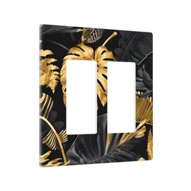 Gray Gold Tropical Leaves Light Switch Cover 2-Gang Double Rocker Wall Plate Black Outlet Covers Country Wood Decorative Electrical Faceplate for Bathroom Kitchen Bedroom Home Decor,4.5 x 4.6 Inch