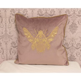 Riva Paoletti Cerana Cushion Cover - Dusky Blush Pink - Super Soft Velvet Fabric - Embroidered Gold Bee Design - Gold Piped Edges - 100% Polyester - 50 x 50cm (20" x 20" inches)
