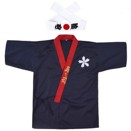 Japanese Sushi Chef Coat Uniforms Kimono for Unisex wafu White Certain Victory Headband(Bule XL)