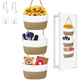 WATUNID 3 Stufen Tür Hängeregal Korb, Wand montiert über der Tür Hängeorganizer mit 4 Haken, Gewebtes Baumwollseil Türregal Zum Einhängen für Schlafzimmer, Bad, Kinderzimme, Wohnbereich(Braun & Weiß)