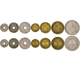 7 Coin Set from France | 5 10 25 50 Centimes 1 2 5 Francs | Phrygian Cap | Oak Leaves | Mercury | Laureate | Circulated 1917-1938