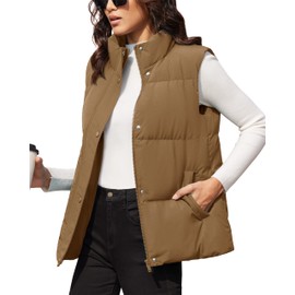 MAGCOMSEN Down Vest for Women Lightweight Oversize Soild Color Warm Sleeveless Outewear Gilet Coat with Pockets Brown