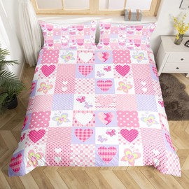 Loussiesd Girls Bedding Set and Pillow Set 135X200cm Pink Hearts and Butterflies Patchwork for Kdis Girls Duvet Cover Geometric Design Cot Bed Duvet Single Size with 1 Pillowcase