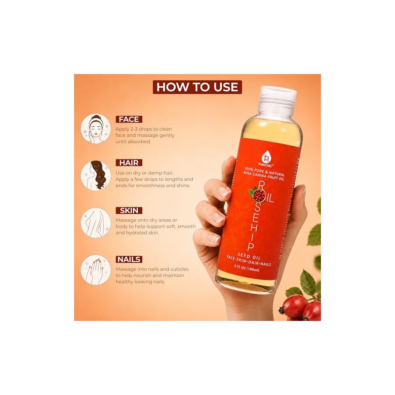 Pursonic Rosehip Oil for Face, Nails, Hair and Skin, 6