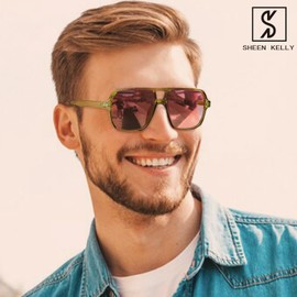 SHEEN KELLY Trendy Pilot Sunglasses for Women Men Retro Square Double Bridge Shape Oversize Square Frame, 4