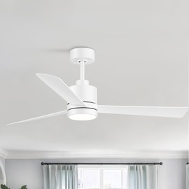 Breezary 52 Inch Industrial Ceiling Fans with Led Lights Remote Control, 3-Blade, Reversible DC Motor, 6-Speed, Down Rod Mount, Low Profile Ceiling Fans for Bedroom Kitchen (White)