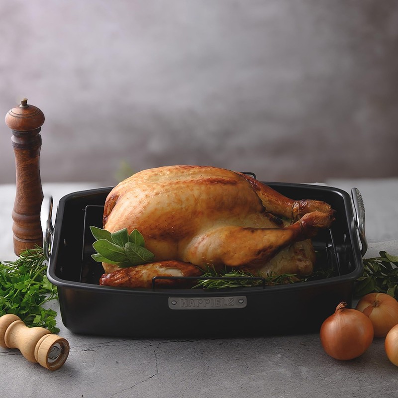 HAPPIELS 17 x 13 inch Roasting Pan with Rack, 20-25