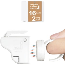 Roving Cove Ergonomic Magnetic Cabinet Baby Locks 16-pk, Child Proof Drawer Cupboard Latches, Adhesive, Easy Install with Starter Tape System