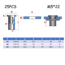 HEVSTIL 25Pcs Multi-Grip Rivet-Nut, M5 Pre-Bulbed Shank Carbon Steel Color-Zinc-Plated Flat Head Threaded Insert Nut Rivet Nuts Carbon Steel Shank Color-Zinc-Plated Flat Head Threaded Insert Nut,M5