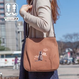 Creare KS-184s Women's Shoulder Bag, Cross-body Design, Lightweight, Small, Made in Japan, Japanese Clothing, Persimmon Dyed, Kyoto Canvas, Embroidery, Cat Pattern, Owl Pattern, Crepe, Mother's Day,