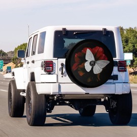 Delerain Spare Tire Cover with Backup Camera Hole Butterfly and Red Blossom Wheel Covers Waterproof Dust-Proof UV Sun Universal Fit for Jeep Trailer RV SUV Truck (17 Inch for Diameter 31"-33")