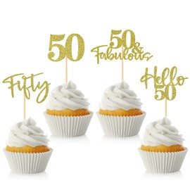 48 piezas de decoraciones para cupcakes de 50 cumpleaños, con purpurina Hello 50 cupcakes, 50 fabulosas 50 púas para decoraciones de pasteles para feliz cumpleaños 50, boda, aniversario, fiesta, decoración de pasteles, color dorado