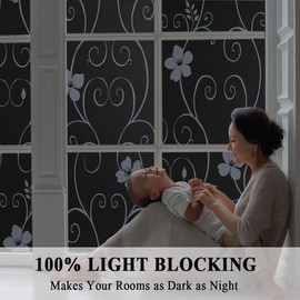 Iron Flower Total Blackout Window Film, Light Blocking Glass Door Film,Room Darkening Window Cling,No Glue/Heat Control/Anti UV for Day Sleep & High Privacy,17.5 in. by 78.7In.