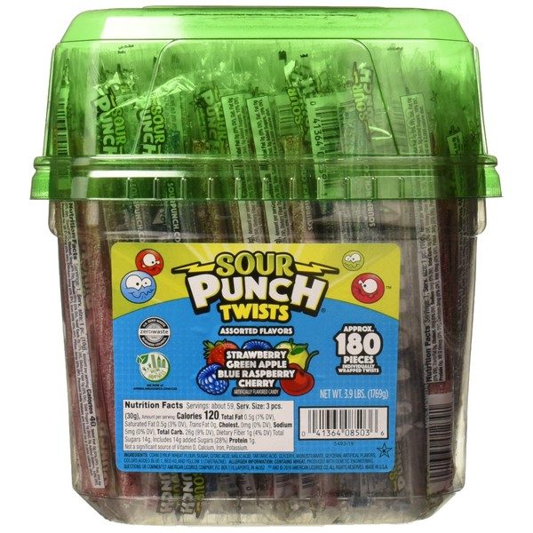 Sour Punch Twists, 6" Individually Wrapped Soft & Chewy Candy Tub, 4 Fruit Flavors, 62.4 Oz