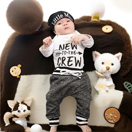 JIUHKQK Newborn Baby Boys Clothes Outfits Girls Long Sleeve Letter Print Romper + Sweatpants + Hat Set (Grey, 18-24M)