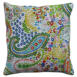 Indian White Paisely Handmade Cotton Kantha Paisely Cushion Cover Decorative Throw Sofa Pillow Cushion Cover 16X16 inches (Multi)