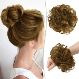 RUWISS Messy Bun Hair Piece 100% Human Hair Messy Rose Bun Hair for Women Real Hair Scrunchies Updo Hair Pieces Hair Chignons Extension(Reddish Brown with Warm Blonde Highlights)