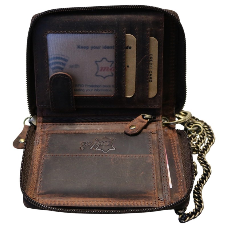 MDM Men's Biker Leather Wallet with Chain, Vintage, RFID Protection,