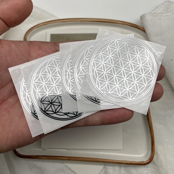 5 Pcs/Bag Flower of Life Gold Plated Thin Metal Sticker for Stone Crystal, Adhesive Pyramid Sacred Geometry Metal Energy Decor Sticker,Meditation Decor (50mm Diameter, Gold)