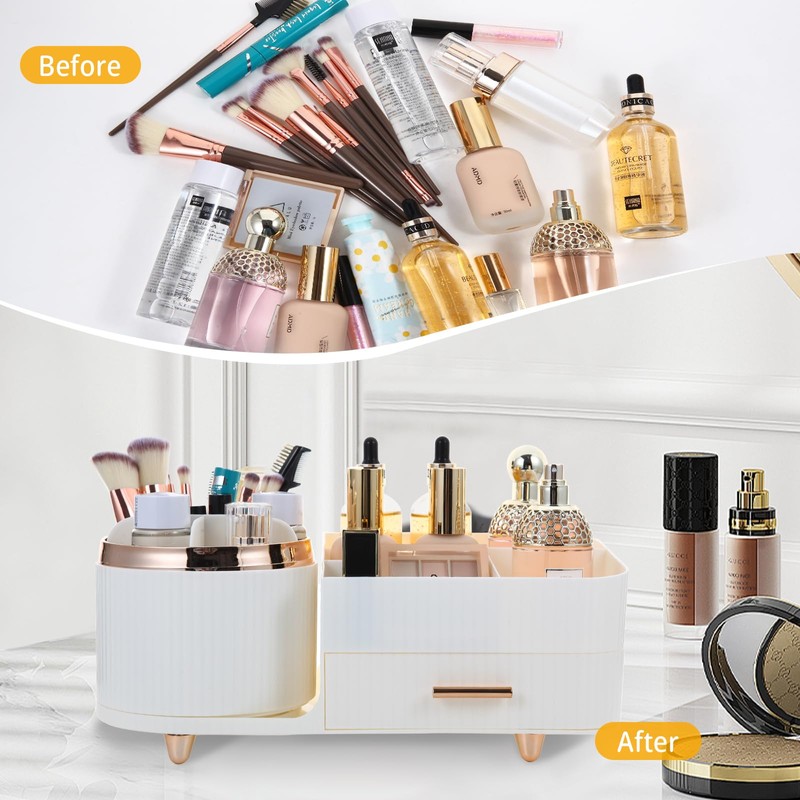 Growsun Makeup Organizer Countertop with Drawers 360 Rotating Makeup Brush