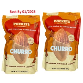 Pocket's Chocolate 2-PACK Pocket Chocolate Churro Coated Crunchy Roasted Almonds 16 Oz. each bag
