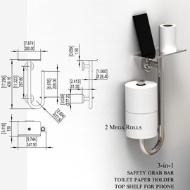AquaChase 3-in-1 Toilet Safety Grab Bar with Built-in Tissue Paper Holder and Phone Shelf, for 2 Mega Rolls, 250lbs Weight Support When Mounted in Stud, Chrome Right-Hand