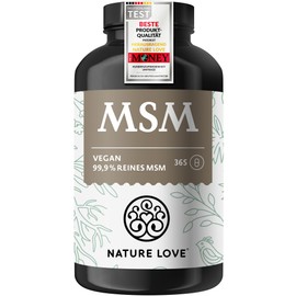 Nature Love NATURE LOVE® MSM Kapseln - 365 Kapseln - 99,9% Reinheit - Hochdosiert mit 1600mg MSM Pulver je Tagesdosis - Optimal Bioverfügbar - Vegan, Laborgeprüft und in Deutschland hergestellt