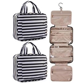 2 PCS Hanging Travel Toiletry Bag with Hook, Large Capacity Makeup Bag for Women & Men, Foldable Waterproof Cosmetic Organizer with 4 Transparent Compartments for Bathroom, Travel Essentials (Black)