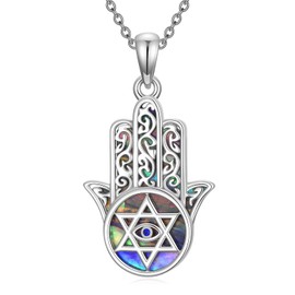 PROESS Hamsa Hand Evil Eye Necklace 925 Sterling Silver Star of David Pendant Hand of Fatima Spiritual Protection Jewelry Gifts For Women Men