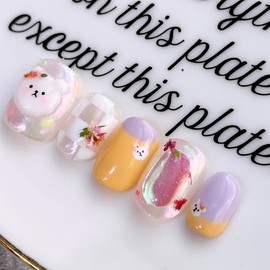 Flower Play DogHandmade Nail Tips - Short Almond / 꽃놀이댕댕이수제네일팁 - 숏아몬드