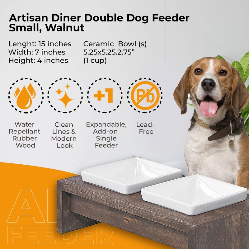 Bowsers Artisan Diner Double Dog Feeder - Handcrafted Rubberwood Frame