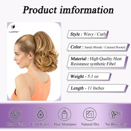 LuxeHair 11” Classic Loose Curly Claw Clip In Ponytail Extension, Short Curly Wavy Claw Clip On Ponytails Hair Extensions Hairpieces for Women- Sandy Blonde/Caramel Rooted