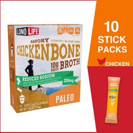 LonoLife Reduced Sodium Chicken Bone Broth Powder Mix | 10g Protein | Collagen-Rich, Keto & Paleo Friendly | Natural Ingredients | 10 Portable Stick Pack Servings