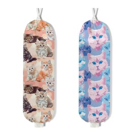 2Pcs Cute Cat Plastic Bag Holder, Wall Mount Grocery Bag Holder, Plastic Bags Organizer, Pull Rope Free Adjustment Holders for Grocery Bags Decoration for Home Kitchen Room Pantry Cat Lover Gifts-1