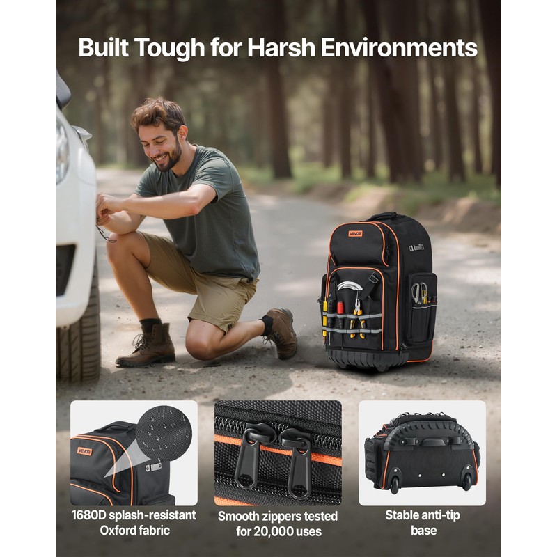 VEVOR Rolling Tool Backpack, 110 lbs Load Capacity, 72 Pockets