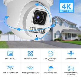 Vonnision 8MP IP PoE PTZ Dome Camera Outdoor, 4K PTZ IP Security Camera with 5X Optical Zoom, Pan 355° Tilt 90°, Two-Way Talk, H.265, SD Card Slot, 100ft IR Night Vision, Human/Vehicle Detection